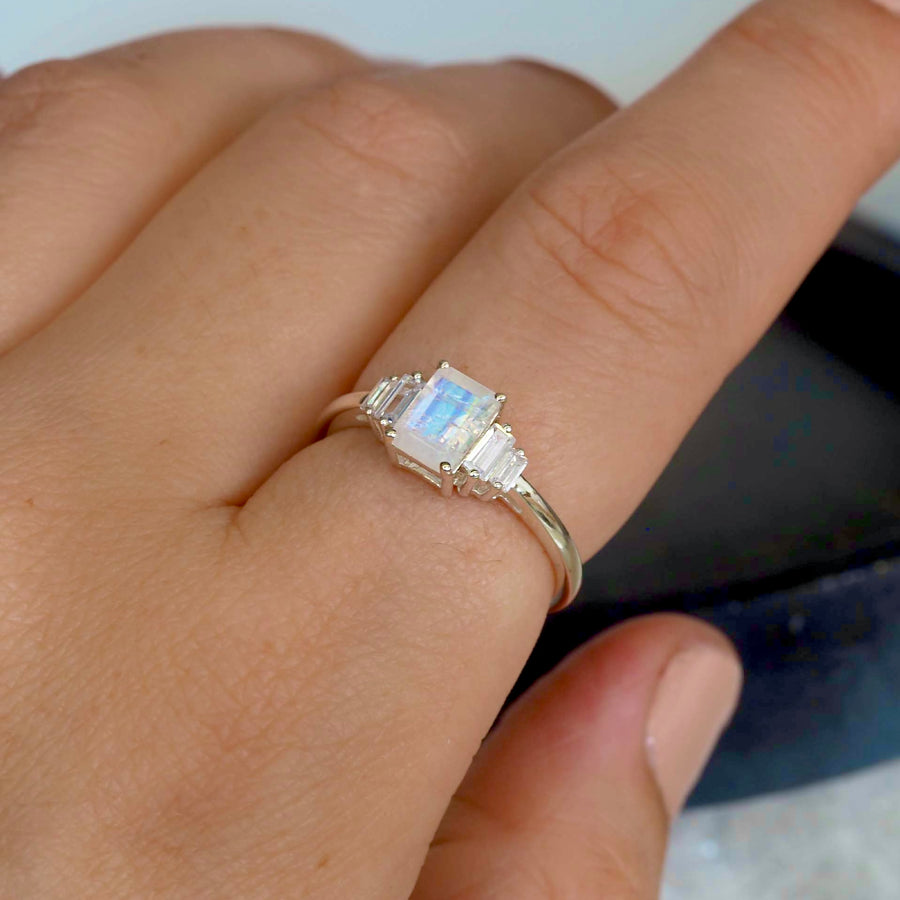 Sterling silver white topaz and moonstone ring being worn - moonstone jewellery - Australian jewellery brand