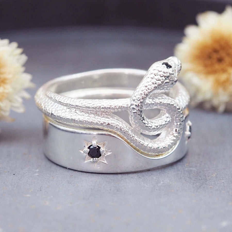 Black Spinel Serpent Ring Set - womens jewellery by indie and harper