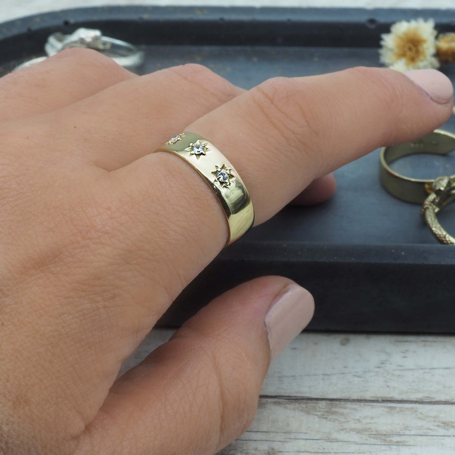 finger wearing gold band ring - womens gold rings australia
