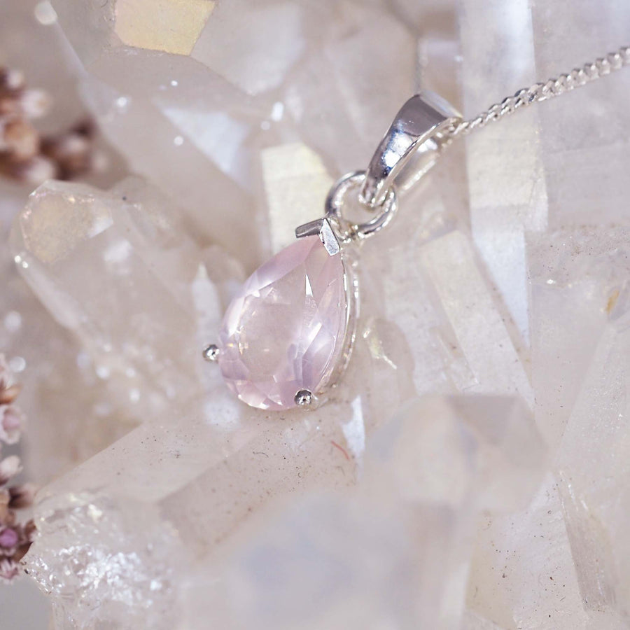 classic rose quartz pendant necklace -  sterling silver necklace with beautiful rose quartz crystal - jewellery for women by indie and harper