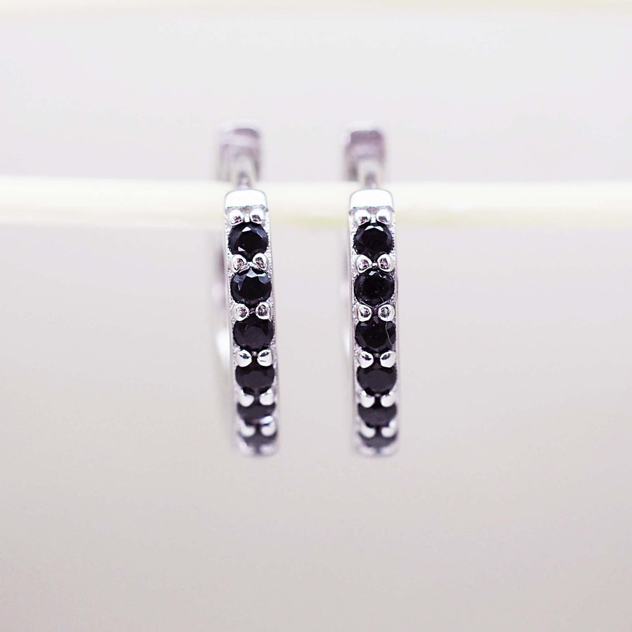 Silver huggie earrings with black cubic zirconias - womens sterling silver jewellery Australian