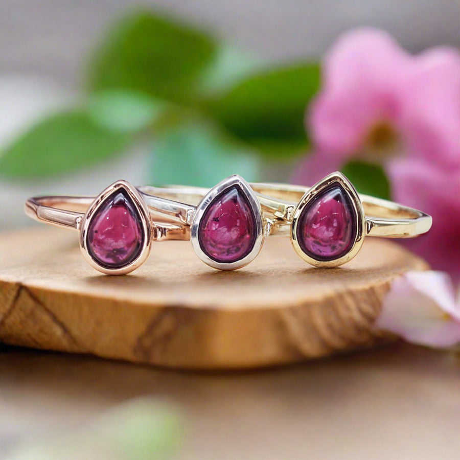 january birthstone rings - rose gold, silver and gold garnet rings - january birthstone jewellery australia