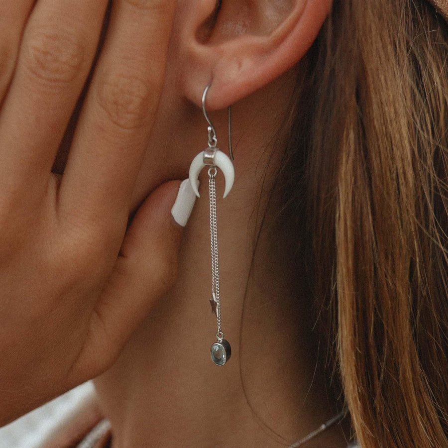 Woman wearing Sterling silver Topaz Earrings - womens topaz jewellery by indie and harper