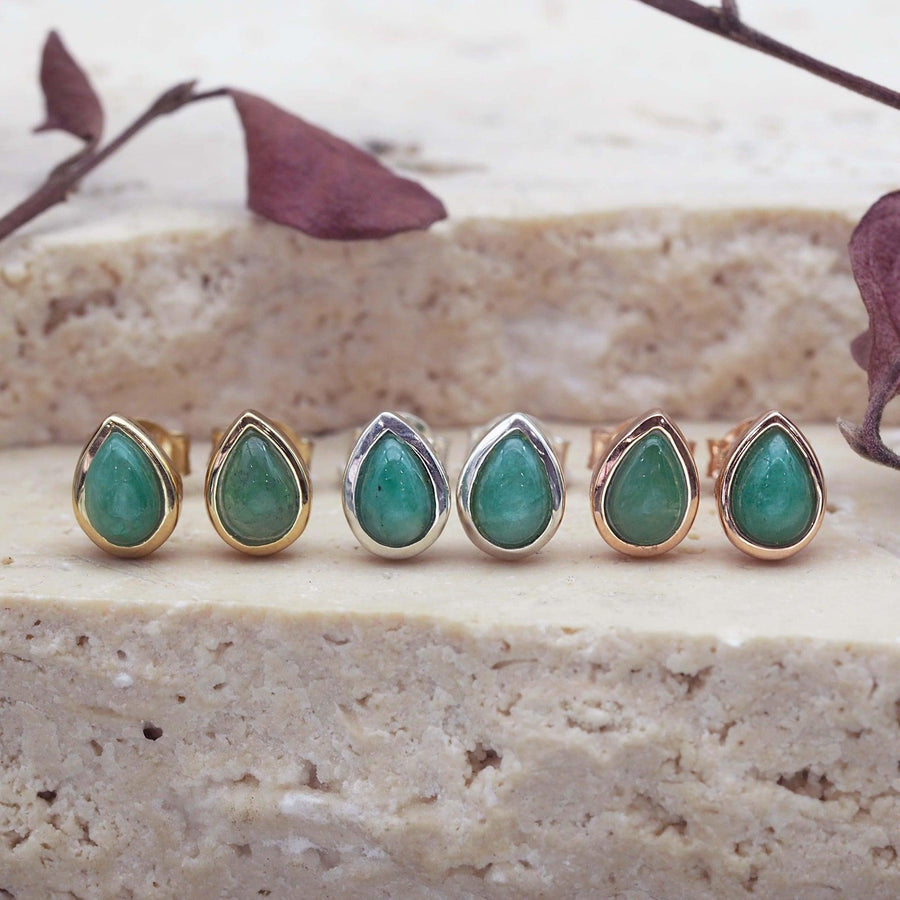 May Birthstone Earrings made with emerald gemstones in gold, silver and rose gold 