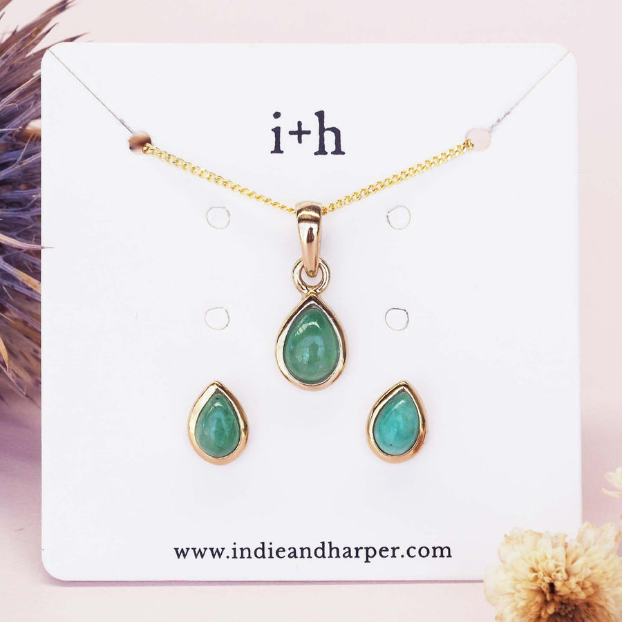 May Birthstone jewellery set including gold earrings and gold necklace made with Emeralds