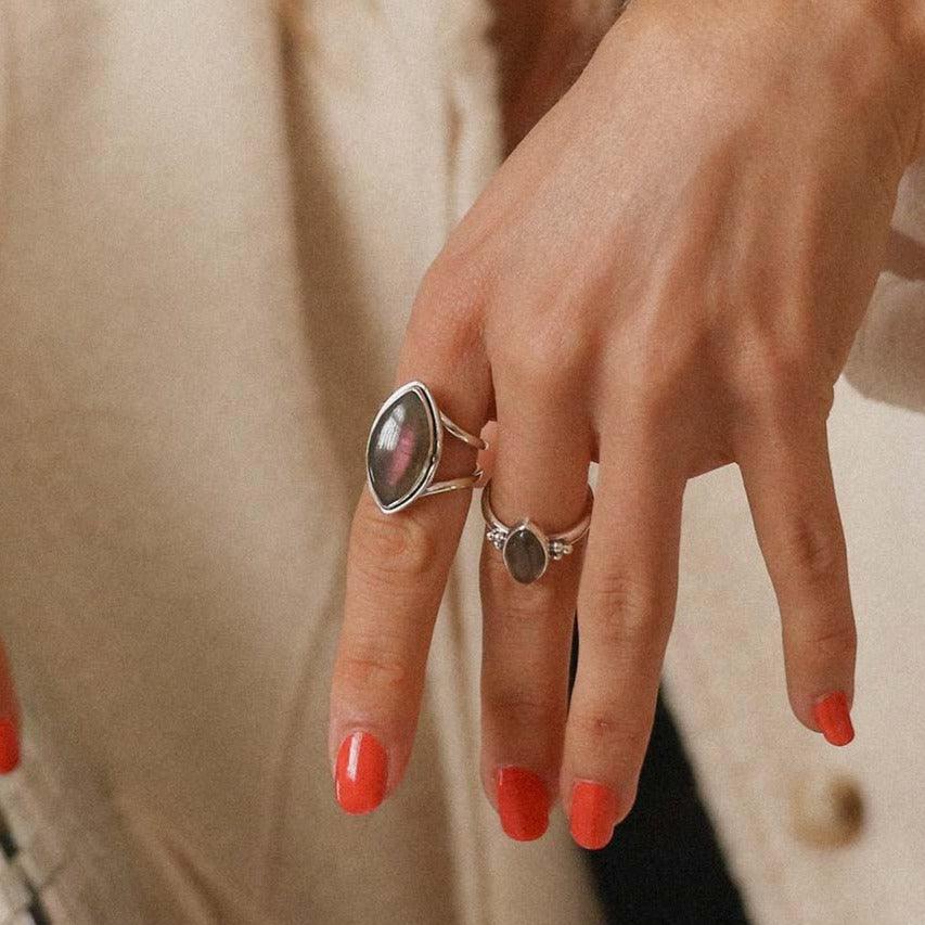 Hand wearing Purple Labradorite Rings - womens boho jewellery - Australian jewellery online