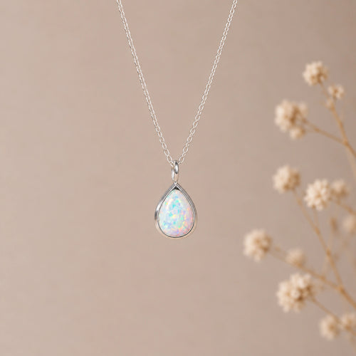 White Opal Teardrop Pendant Necklace