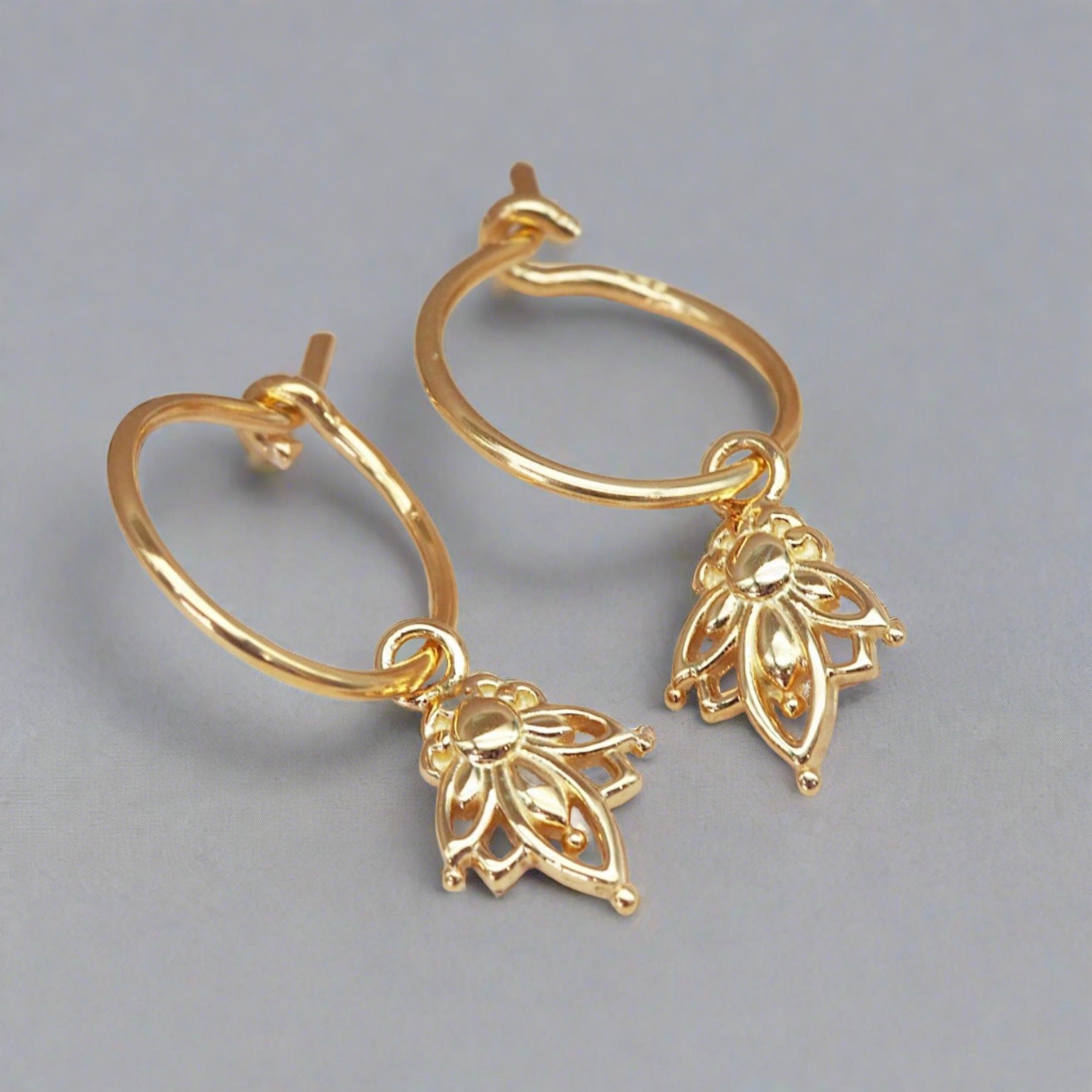 Dainty Gold Lotus Hoop Earrings - womens jewellery by indie and harper
