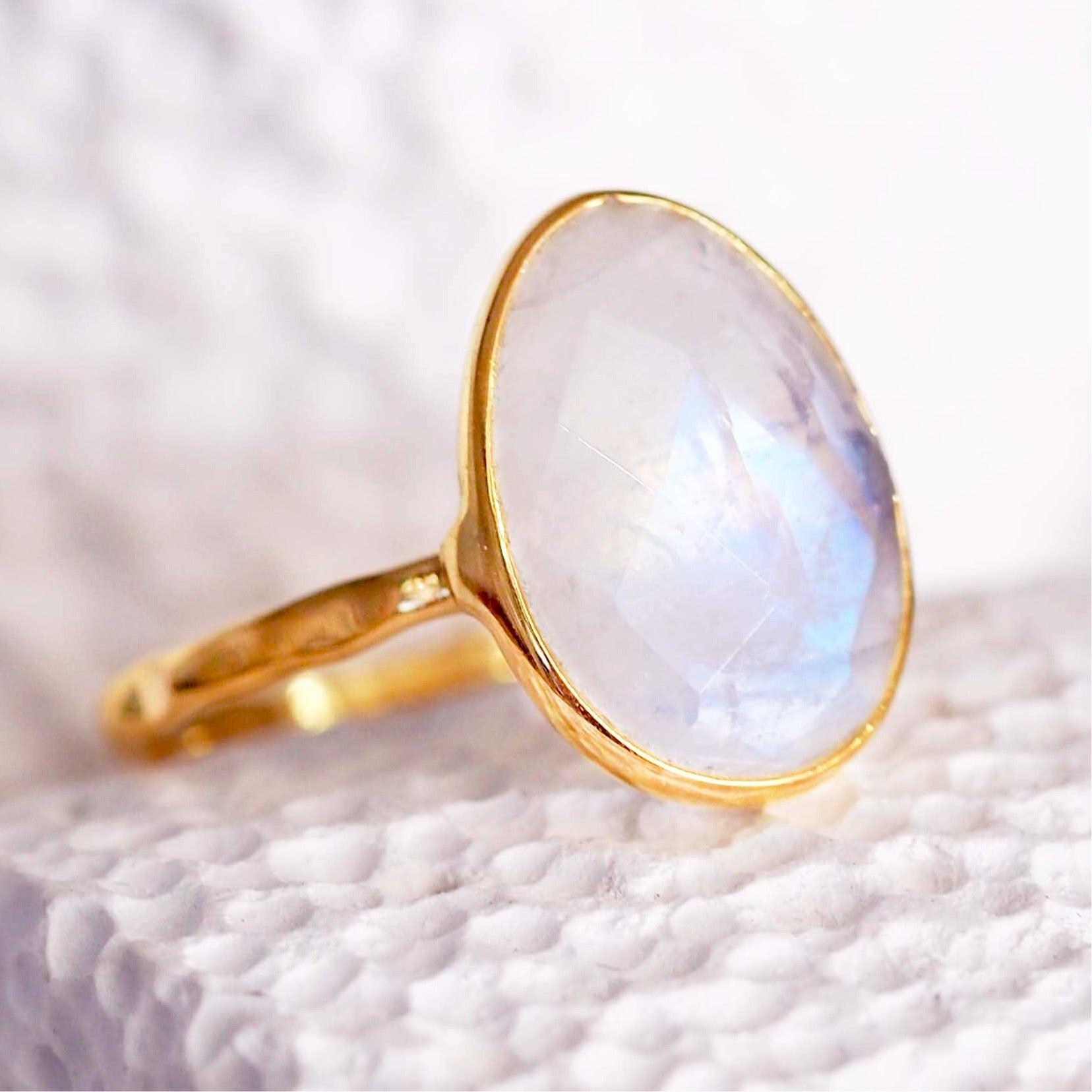 Gold Hammered Rainbow Moonstone Ring - womens jewellery by indie and harper