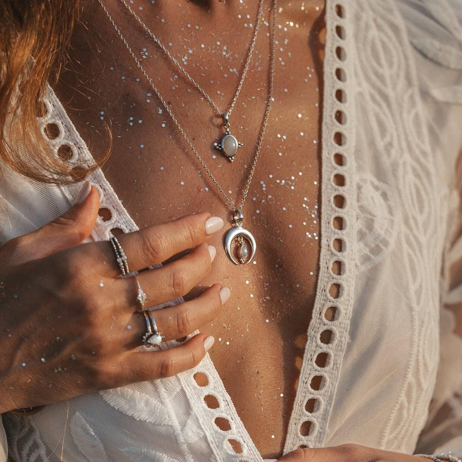 woman wearing Moonstone jewellery - womens boho jewelry by indie and harper