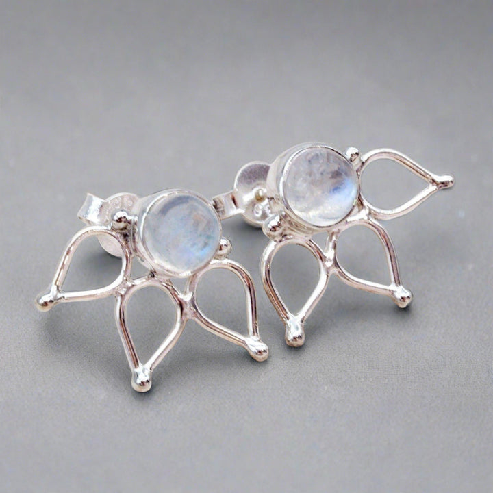sterling Silver lotus Moonstone Earrings - womens silver moonstone jewellery