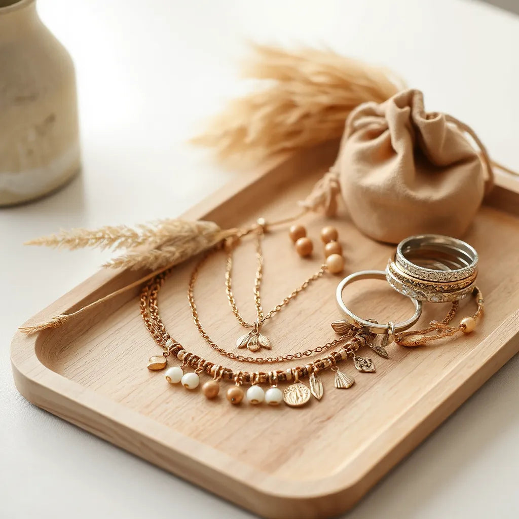 Layered bohemian necklaces, earrings, and bracelets displayed on a wooden tray with soft natural light