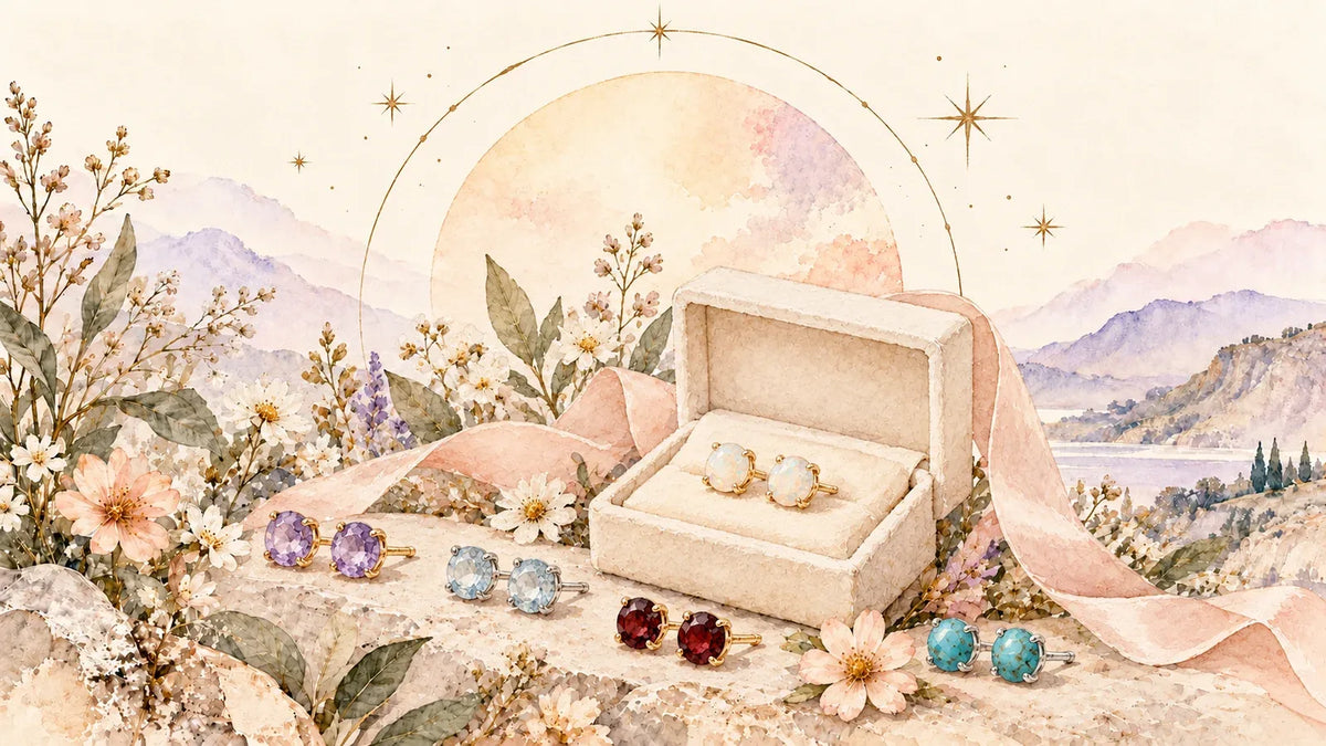 Watercolour illustration of birthstone stud earrings in a gift box with soft florals