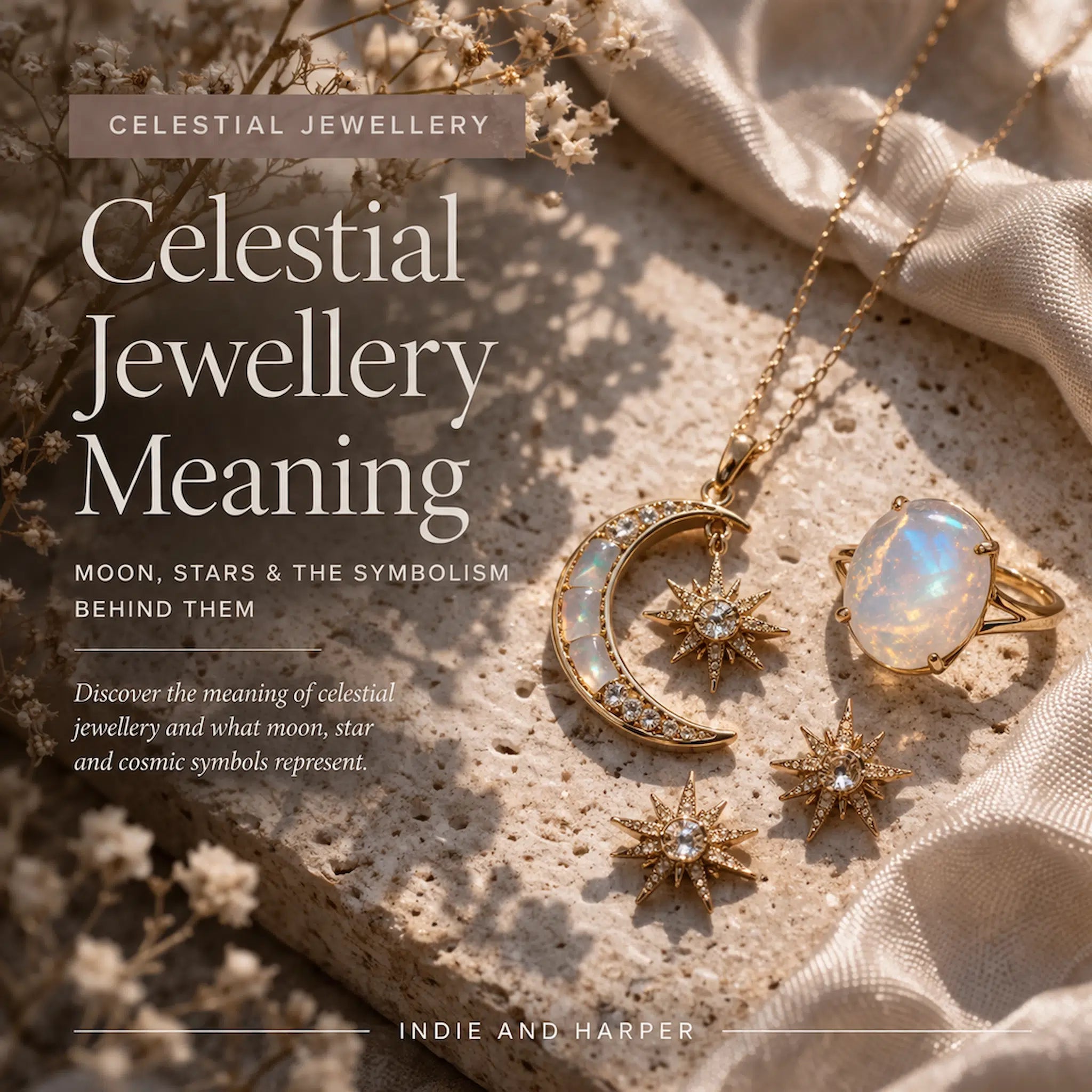 celestial jewellery with moon and star necklace, moonstone ring and gold star earrings styled on neutral stone background representing moon and star symbolism