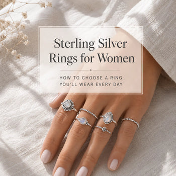 Collection of sterling silver rings for women featuring stackable bands, gemstone rings and statement styles.