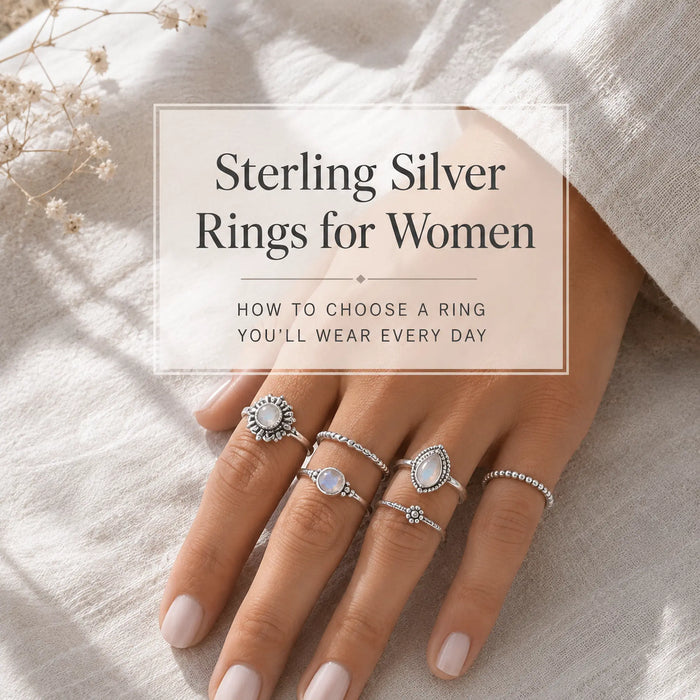 Collection of sterling silver rings for women featuring stackable bands, gemstone rings and statement styles.