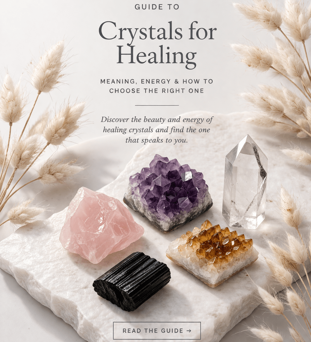 Healing crystals collection with amethyst, rose quartz and clear quartz in soft light, crystal healing blog image