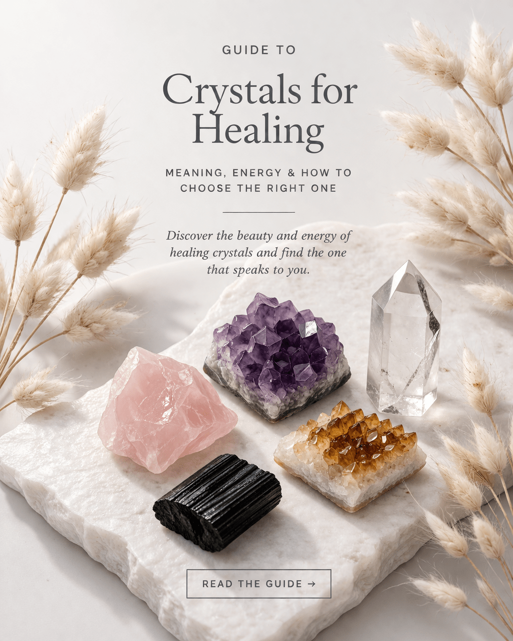 Healing crystals collection with amethyst, rose quartz and clear quartz in soft light, crystal healing blog image