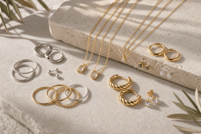 Dainty rings, hoop earrings, stud earrings, and necklaces in silver and gold arranged on a neutral surface.