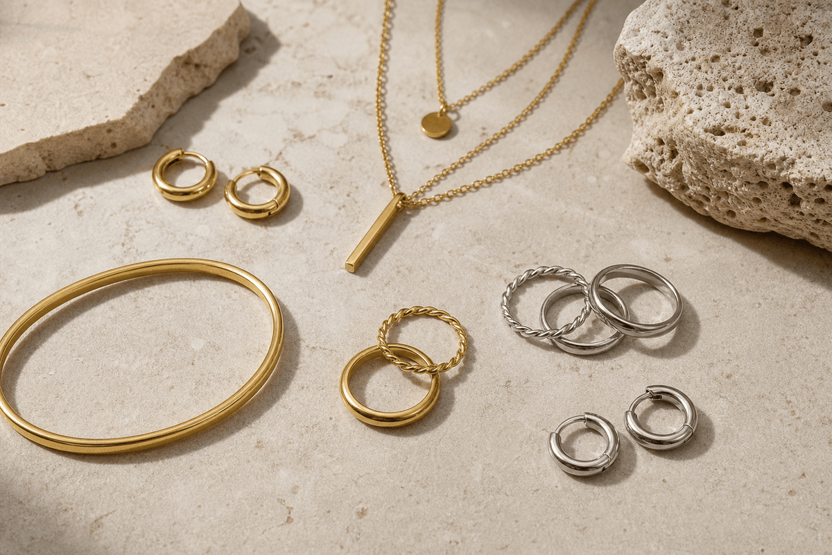 Waterproof hoop earrings, stacker rings, layered necklace, and bangle arranged on a neutral surface.