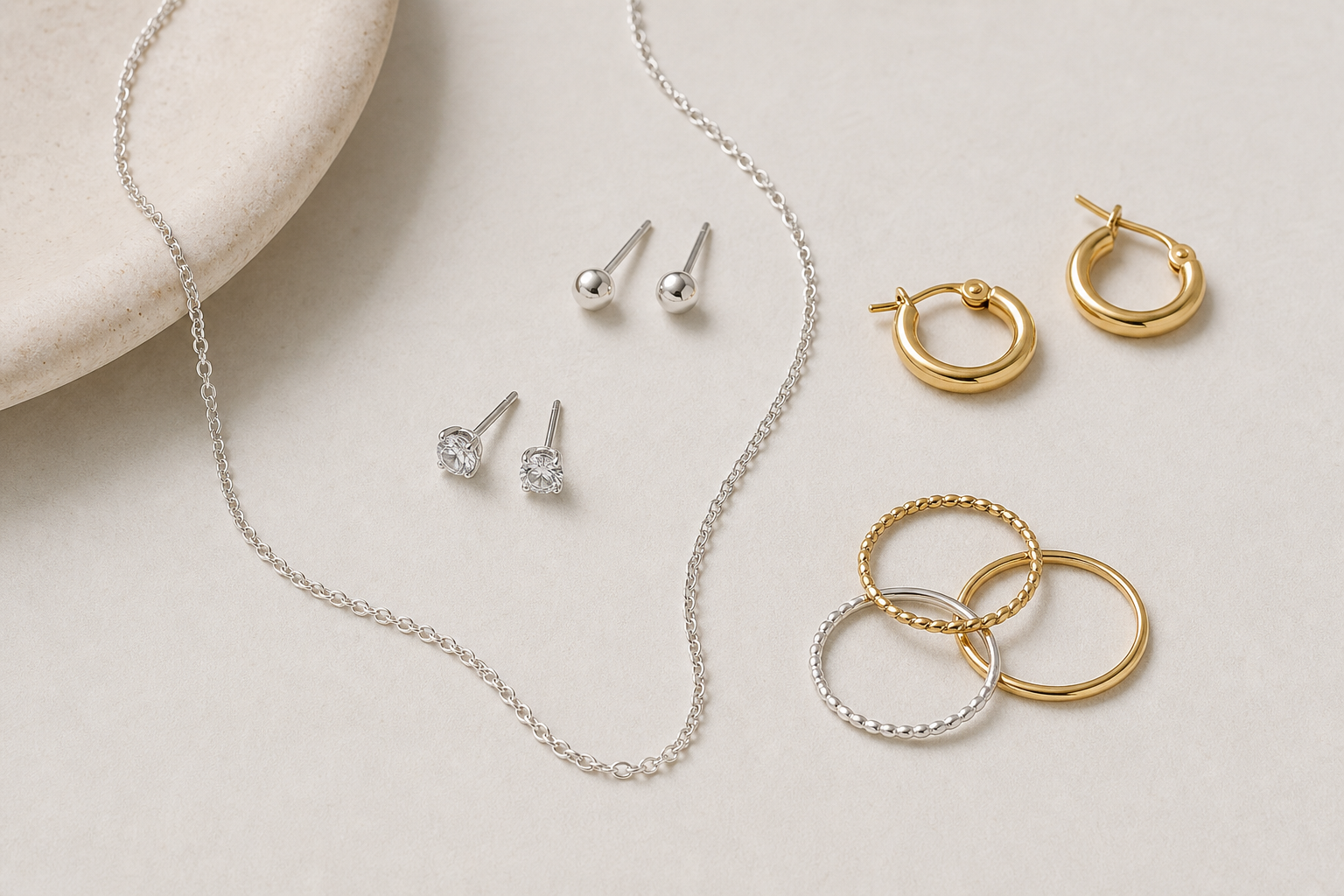 Everyday jewellery including silver studs, gold hoops, a chain necklace, and stacker rings on a light background