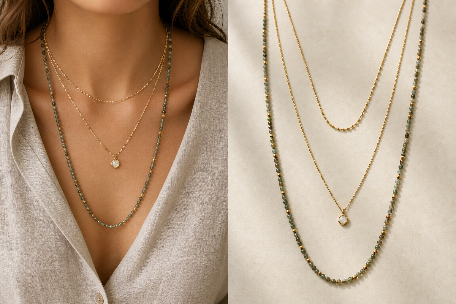 Three layered necklaces at different lengths with a fine chain, small pendant, and longer beaded necklace.