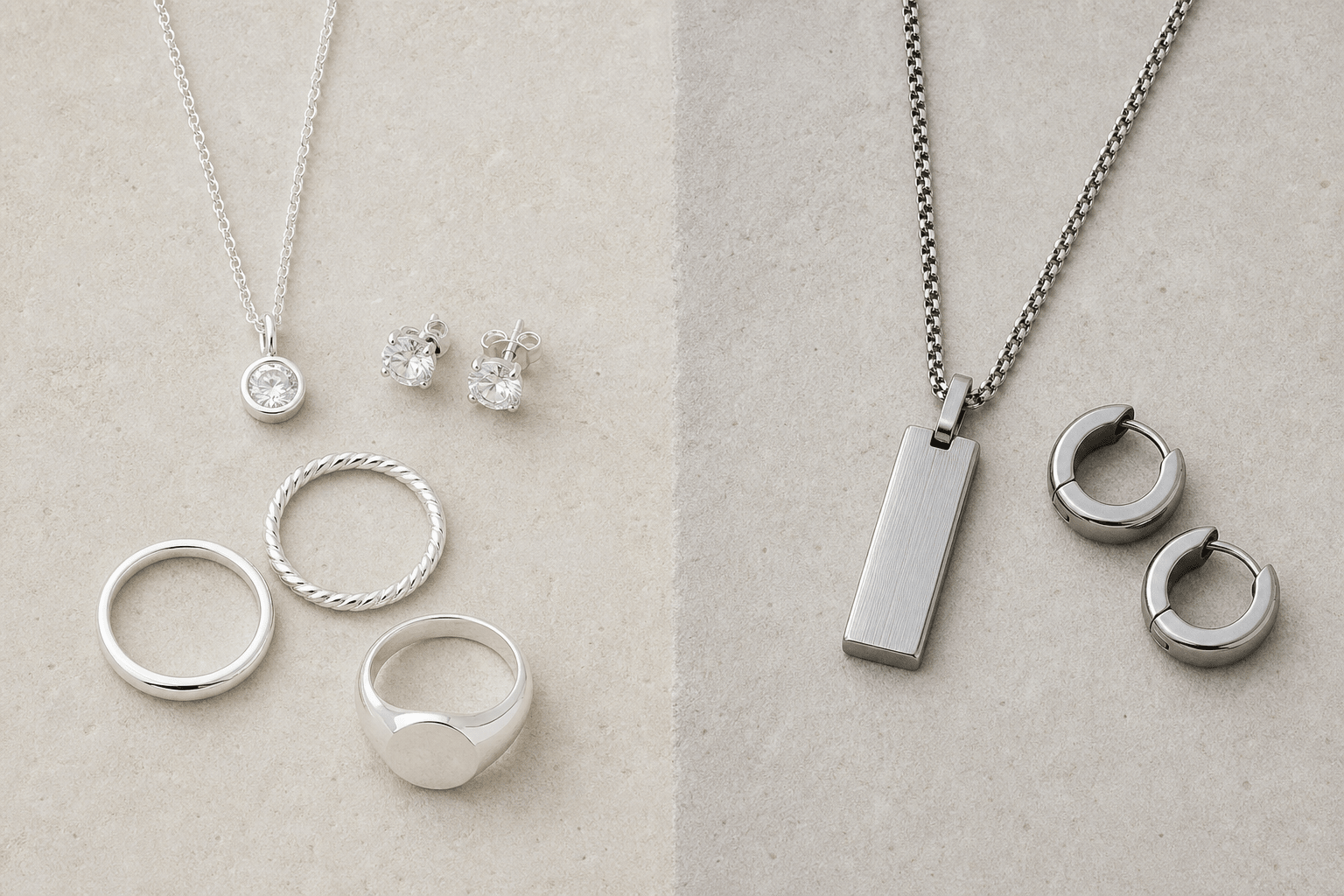 Sterling silver and stainless steel jewellery displayed side by side on a neutral background.