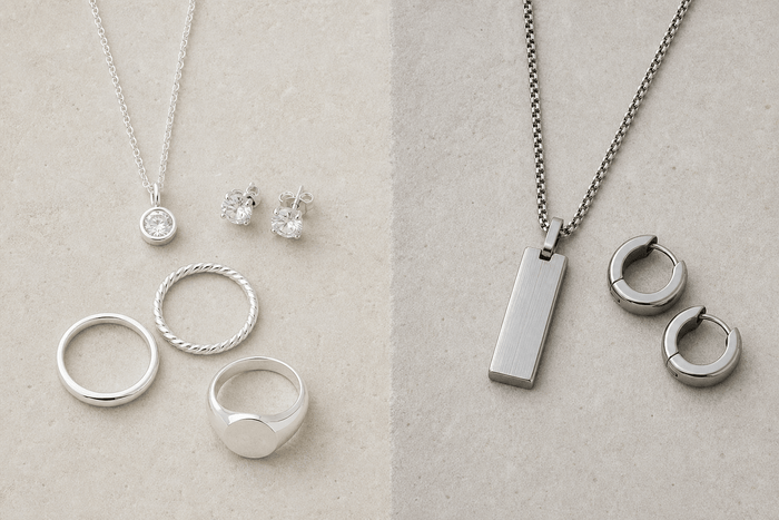 Sterling silver and stainless steel jewellery displayed side by side on a neutral background.