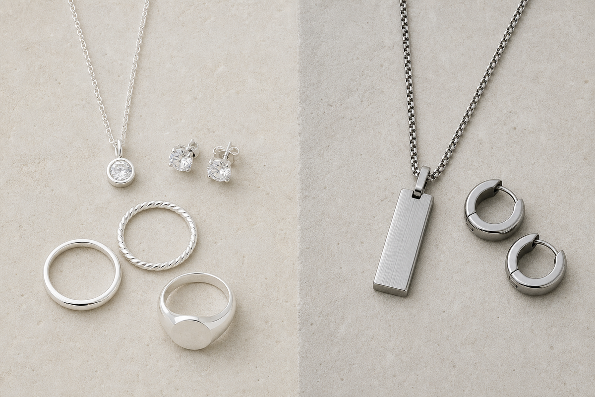 Sterling silver and stainless steel jewellery displayed side by side on a neutral background.