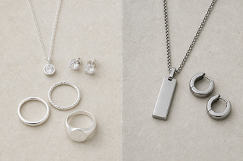 Sterling silver and stainless steel jewellery displayed side by side on a neutral background.