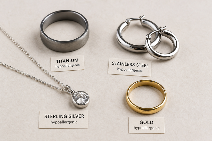 Titanium, stainless steel, sterling silver, and gold jewellery arranged on a neutral surface