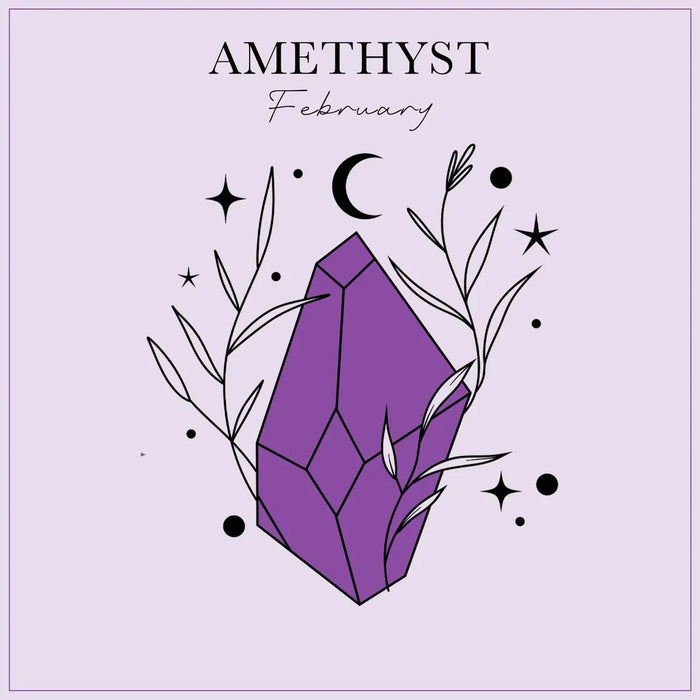 Purple amethyst crystal with floral elements on a light purple background, featuring the word 'Amethyst' and 'February'.