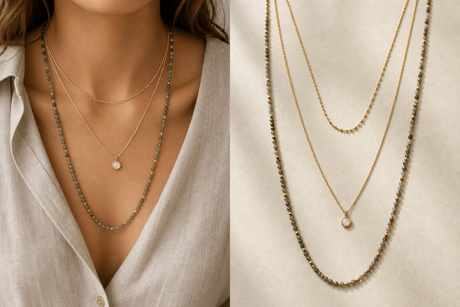 Three layered necklaces at different lengths with a fine chain, small pendant, and longer beaded necklace.
