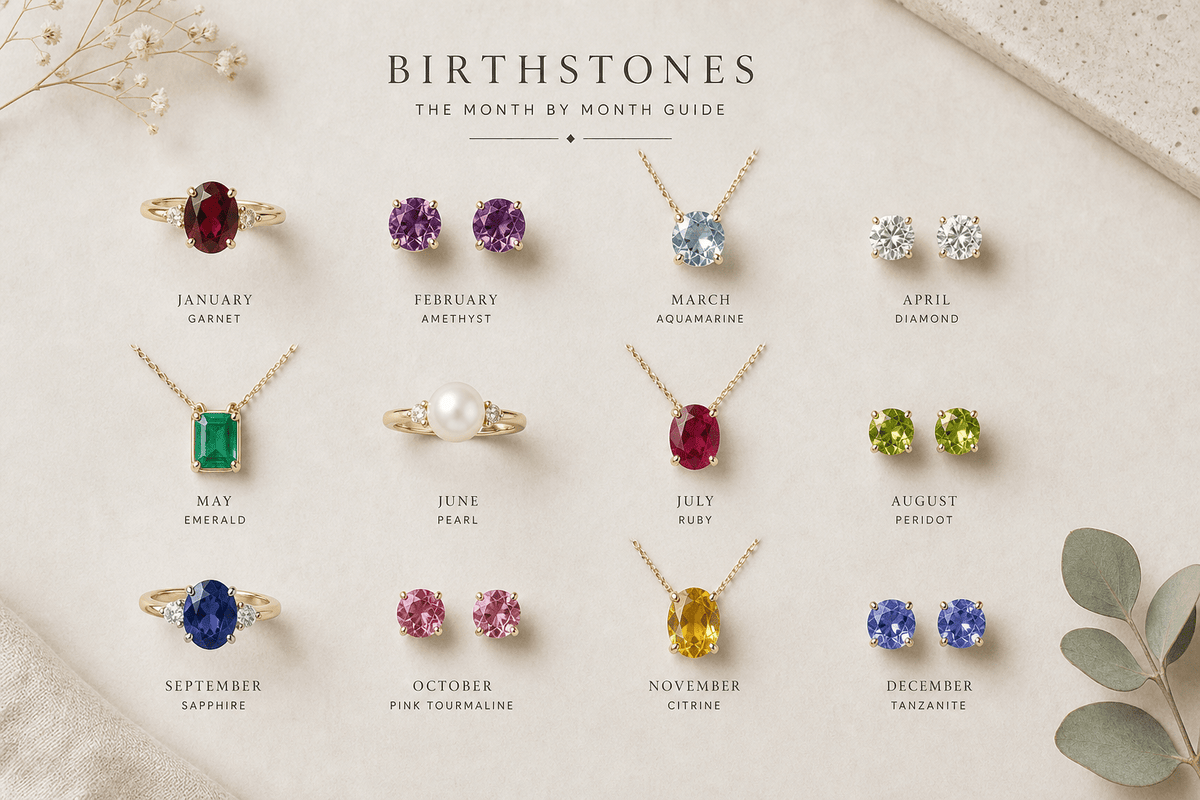 Flat lay of birthstone jewellery pieces arranged by month with different colored gemstones.