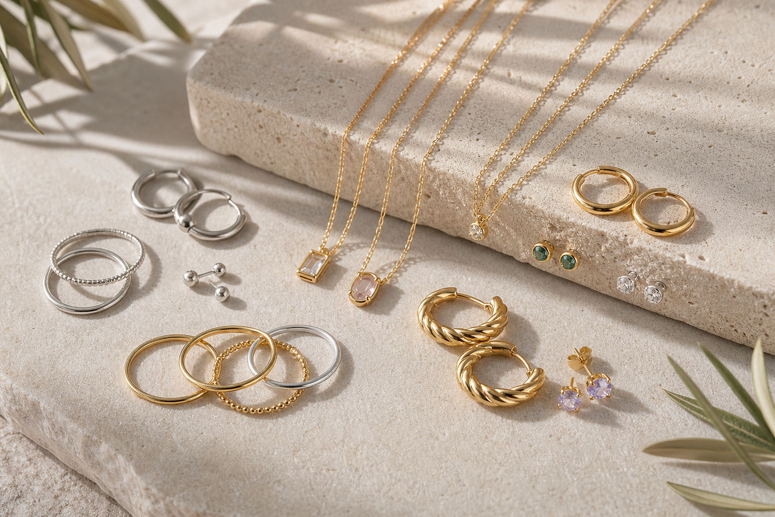 Dainty rings, hoop earrings, stud earrings, and necklaces in silver and gold arranged on a neutral surface.