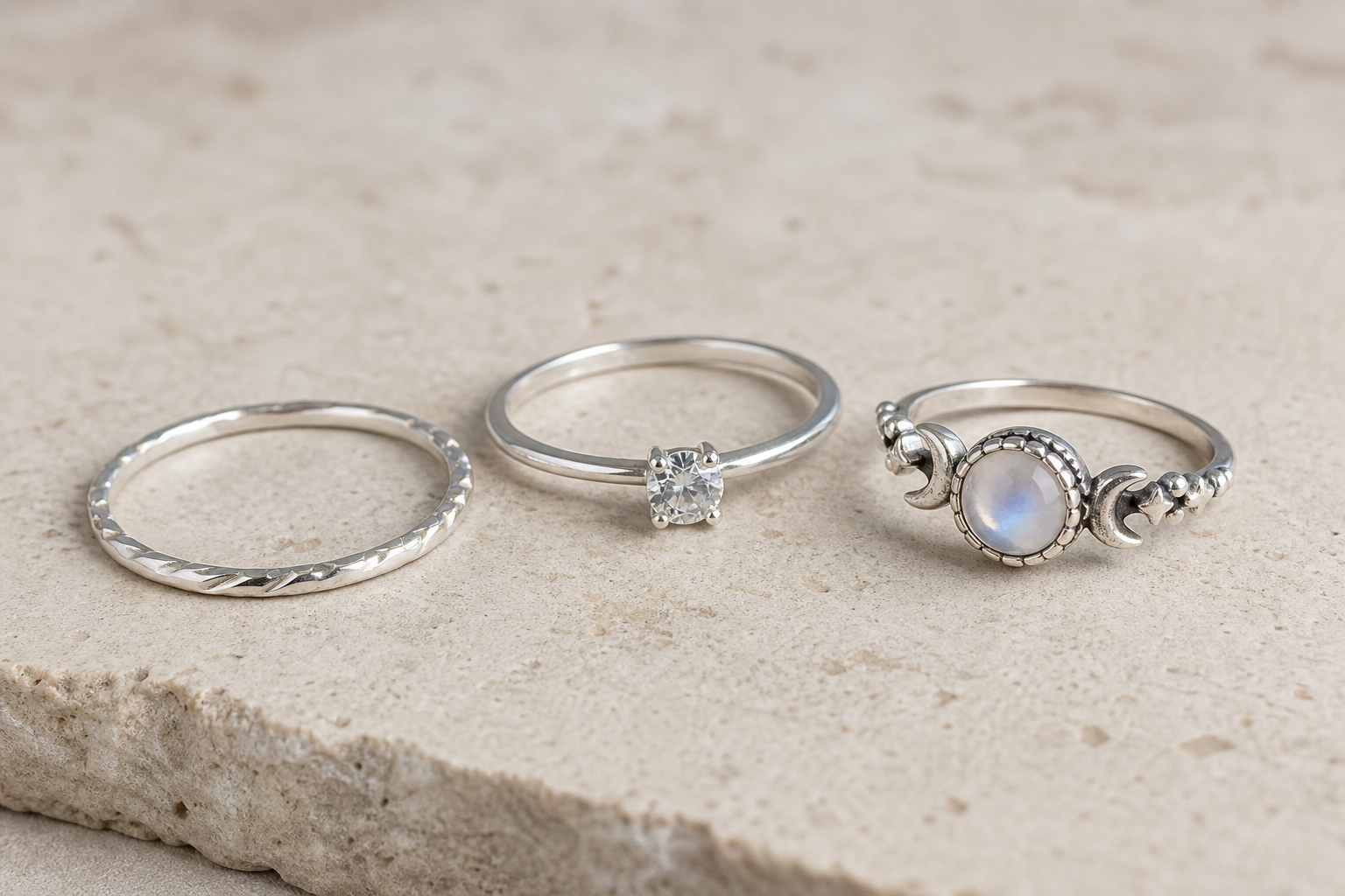 Three women's promise rings on a neutral surface: a slim silver band, a gemstone solitaire ring, and a moonstone ring.