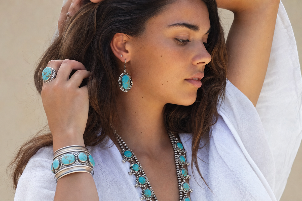 Young woman wearing sterling silver turquoise jewellery in natural light
