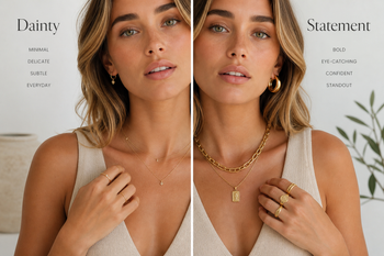 Young woman in a neutral outfit wearing dainty jewellery on one side and statement jewellery on the other side for comparison.