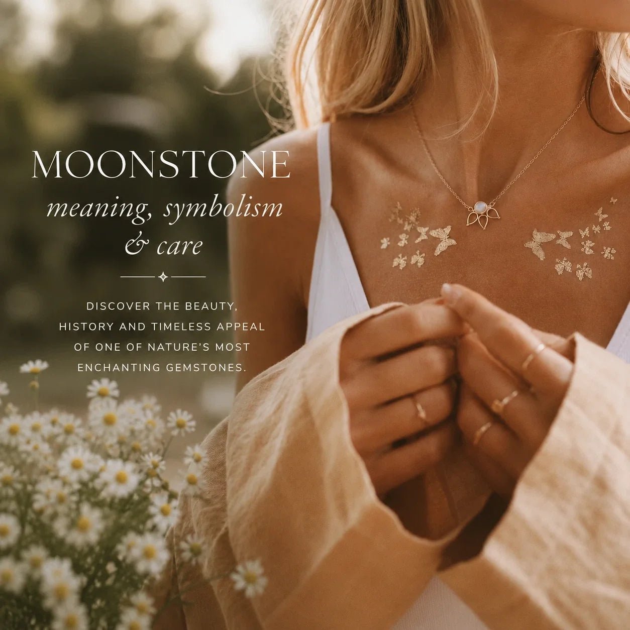 image of a woman wearing a dainty moonstone necklace with overlay text: Moonstone, meaning, benefits and how to wear it - Discover the Magic behind one of nature's most enchanting gemstones
