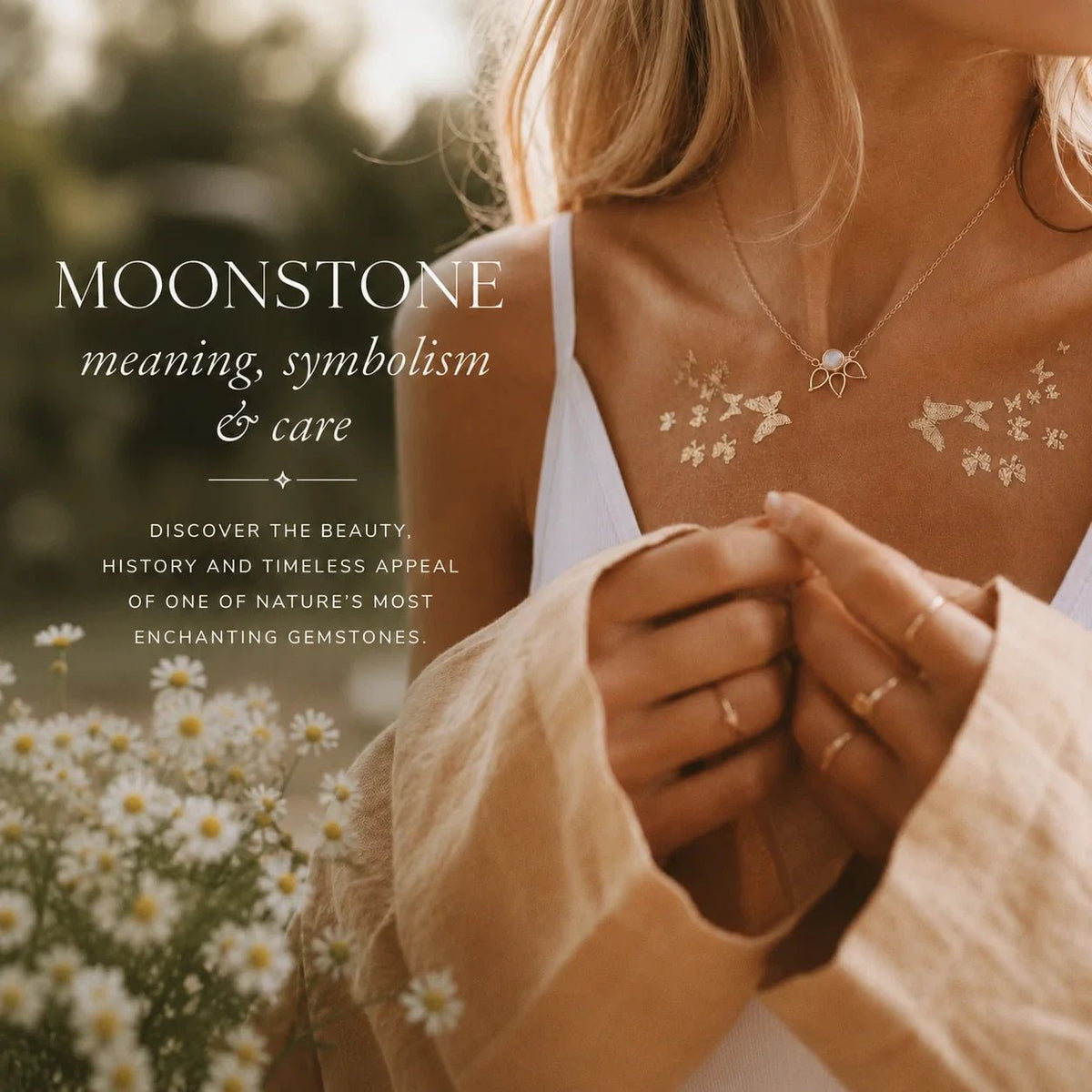 image of a woman wearing a dainty moonstone necklace with overlay text: Moonstone, meaning, benefits and how to wear it - Discover the Magic behind one of nature's most enchanting gemstones