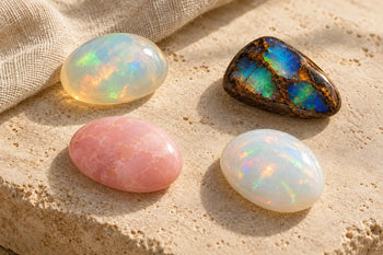 Ethiopian, Australian and lab-created opals side by side, comparing colour and play of colour