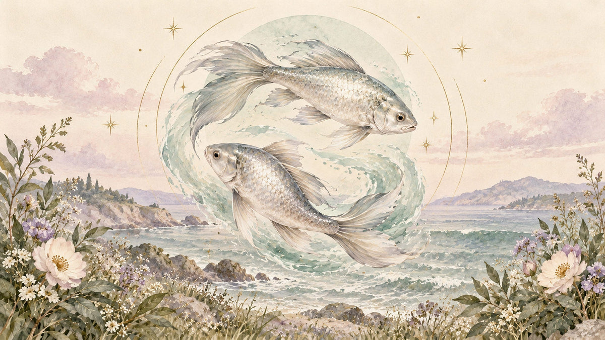 Watercolour illustration of two Pisces fish circling above a misty sea, framed by soft flowers and fine gold stars
