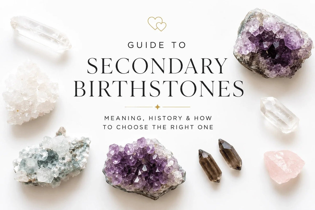 A top-down view of various raw crystals and gemstones arranged on a round white marble plate, with a semi-transparent white text banner across the middle reading 'SECONDARY BIRTHSTONES'.