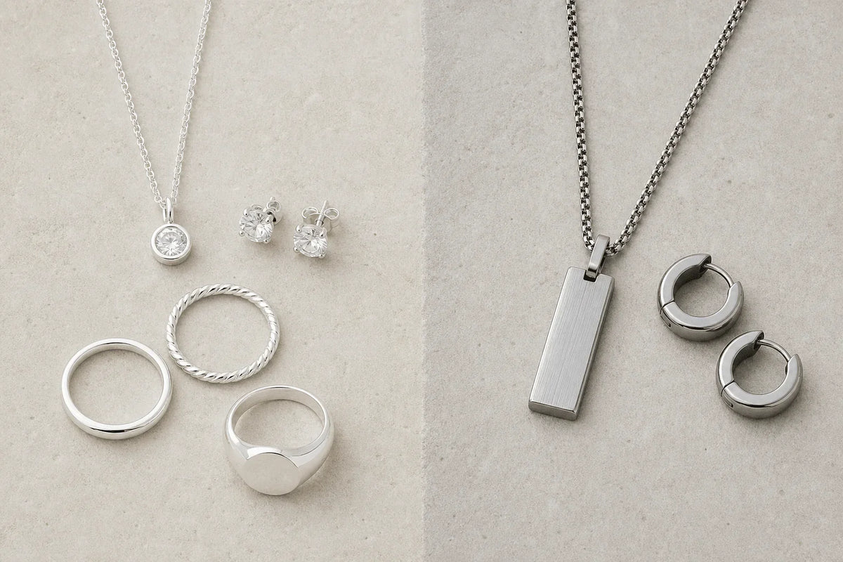 Sterling silver and stainless steel jewellery displayed side by side on a neutral background.