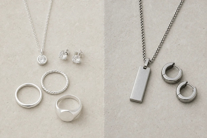 Sterling silver and stainless steel jewellery displayed side by side on a neutral background.