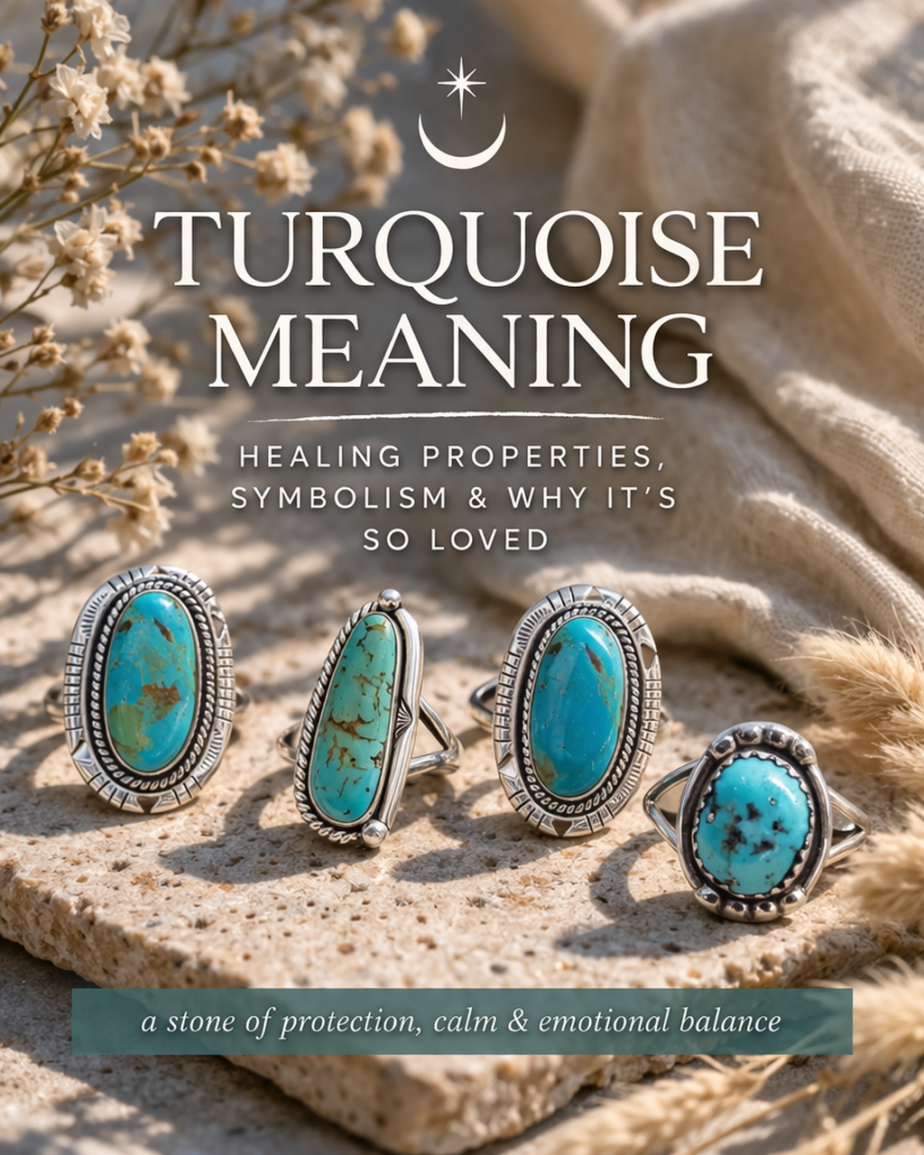 silver turquoise rings with natural turquoise stones styled on neutral background representing turquoise meaning healing properties and symbolism