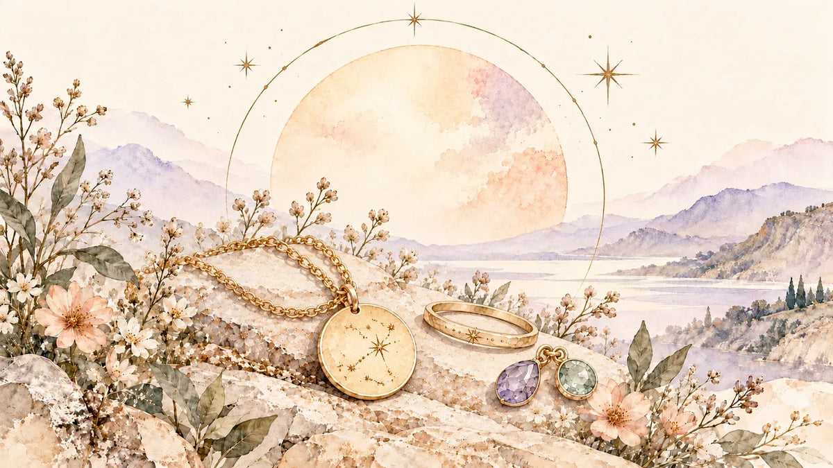 Watercolour zodiac illustration with celestial symbols, soft florals and a delicate zodiac necklace