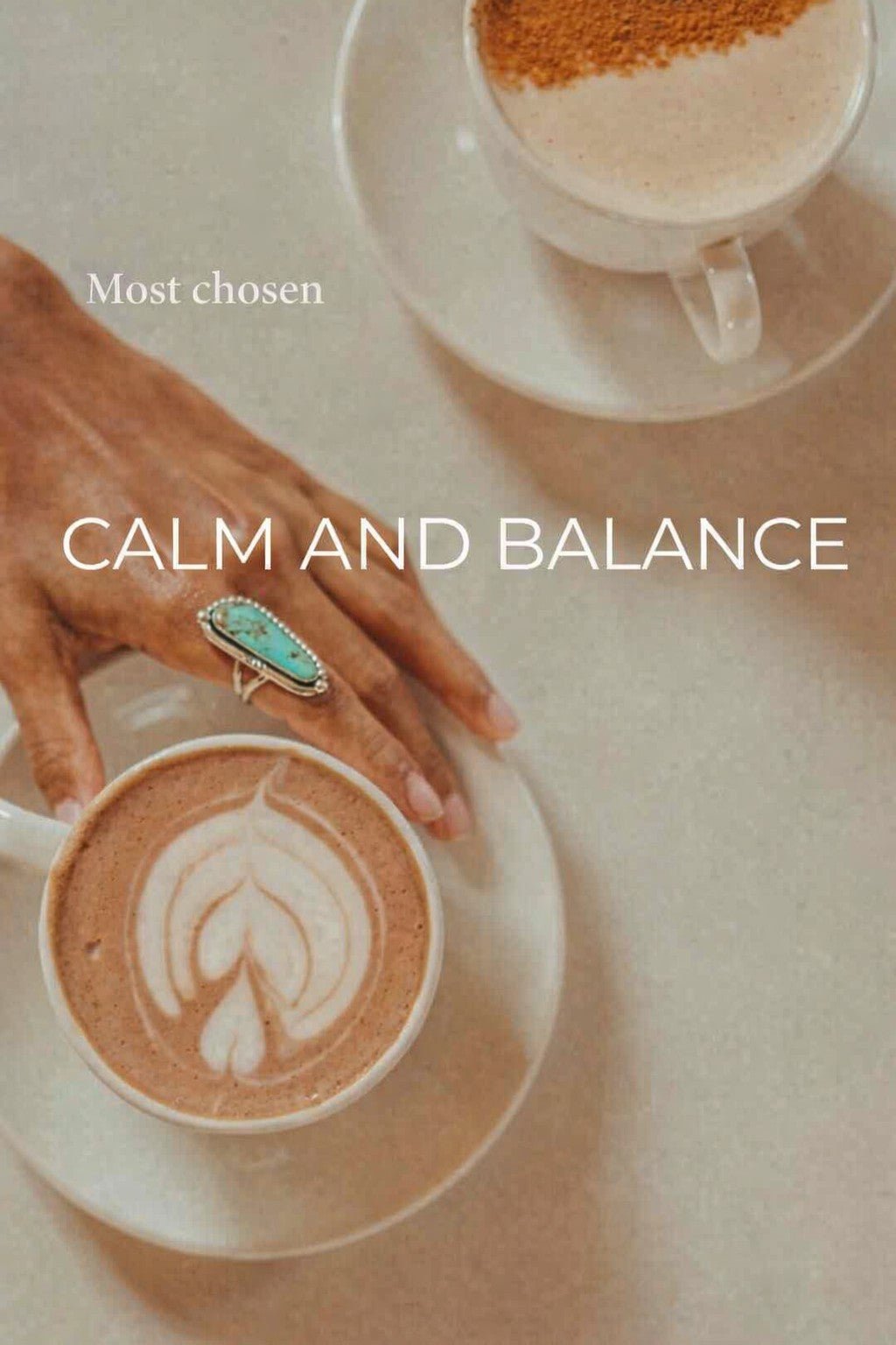calm and balance jewellery collection showing a hand wearing a turquoise ring and with a cup of coffee