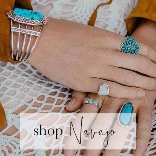 Native American jewelry hand crafted by Navajo artisans with natural turquoise gemstones and sterling silver including rings, bracelets and cuffs - www.indieandharper.com