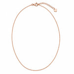 Dainty 1mm 18k rose gold curb chain necklace and 2 inch extender on white background 
